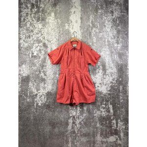 Anthropologie Holding Horses Pink Orange Shirt Sleeve Chambray Romper Size 14